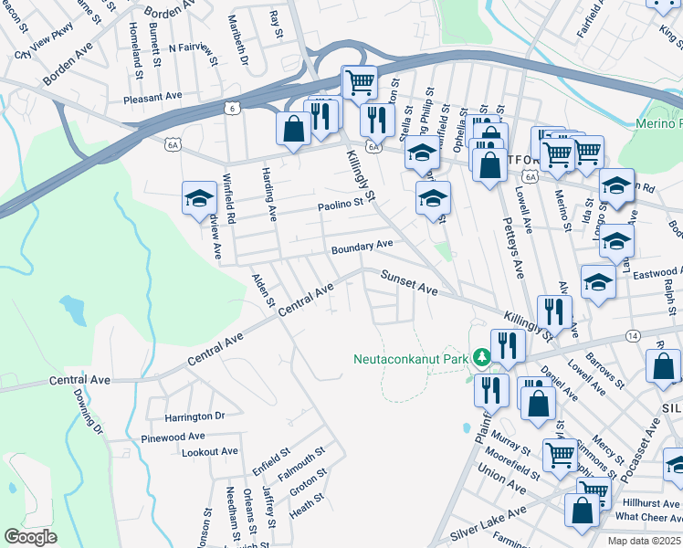 map of restaurants, bars, coffee shops, grocery stores, and more near 117 Central Avenue in Johnston