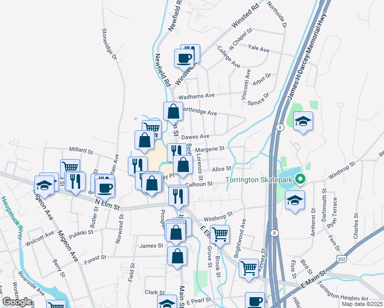 map of restaurants, bars, coffee shops, grocery stores, and more near 98 Benham Street in Torrington