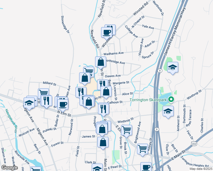 map of restaurants, bars, coffee shops, grocery stores, and more near 98 Benham Street in Torrington