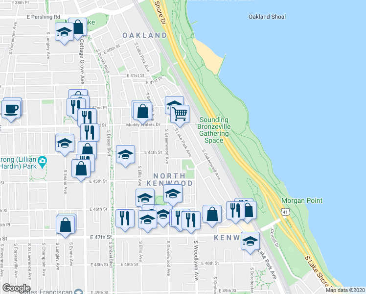map of restaurants, bars, coffee shops, grocery stores, and more near 4342 South Lake Park Avenue in Chicago