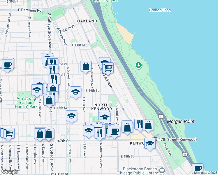 map of restaurants, bars, coffee shops, grocery stores, and more near 4342 South Lake Park Avenue in Chicago
