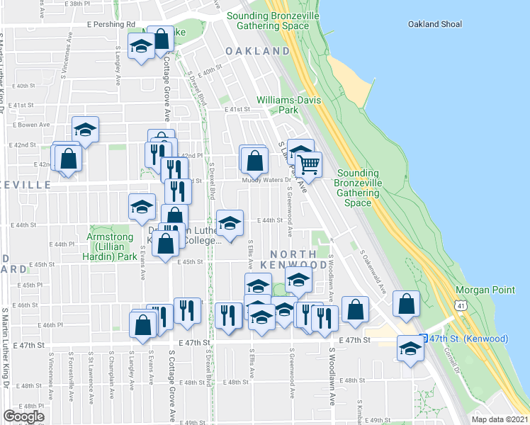 map of restaurants, bars, coffee shops, grocery stores, and more near 4337 South Ellis Avenue in Chicago