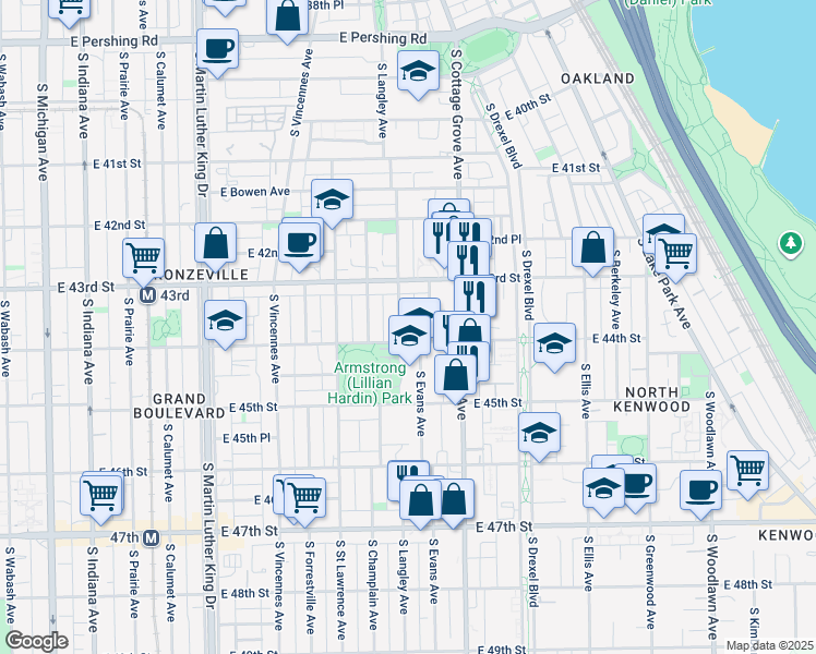 map of restaurants, bars, coffee shops, grocery stores, and more near 4343 South Langley Avenue in Chicago