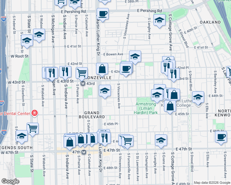 map of restaurants, bars, coffee shops, grocery stores, and more near 4348 South Vernon Avenue in Chicago
