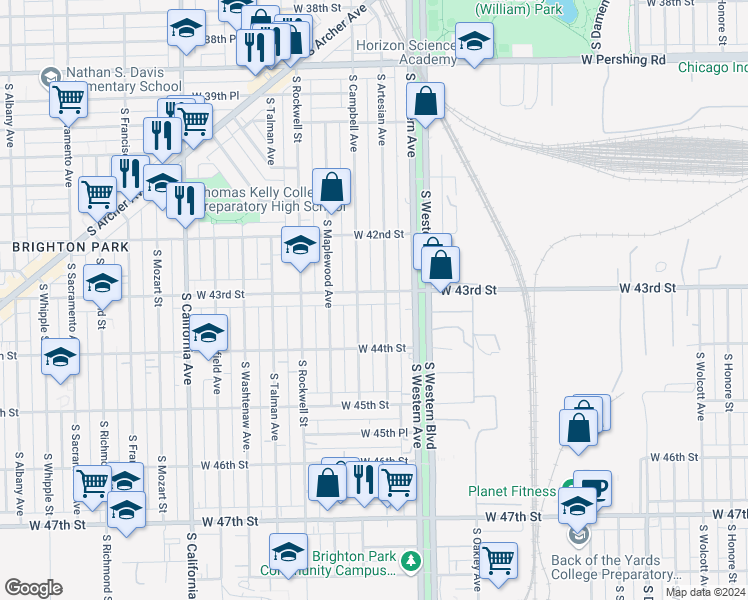 map of restaurants, bars, coffee shops, grocery stores, and more near 2459 West Pope John Paul II Drive in Chicago