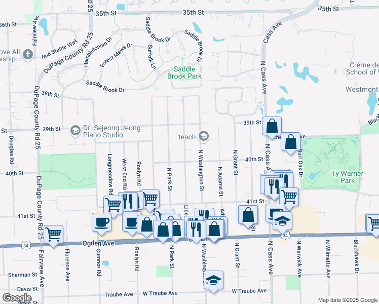 map of restaurants, bars, coffee shops, grocery stores, and more near 3922 North Washington Street in Westmont