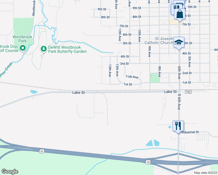 map of restaurants, bars, coffee shops, grocery stores, and more near 1237 1st Street in DeWitt