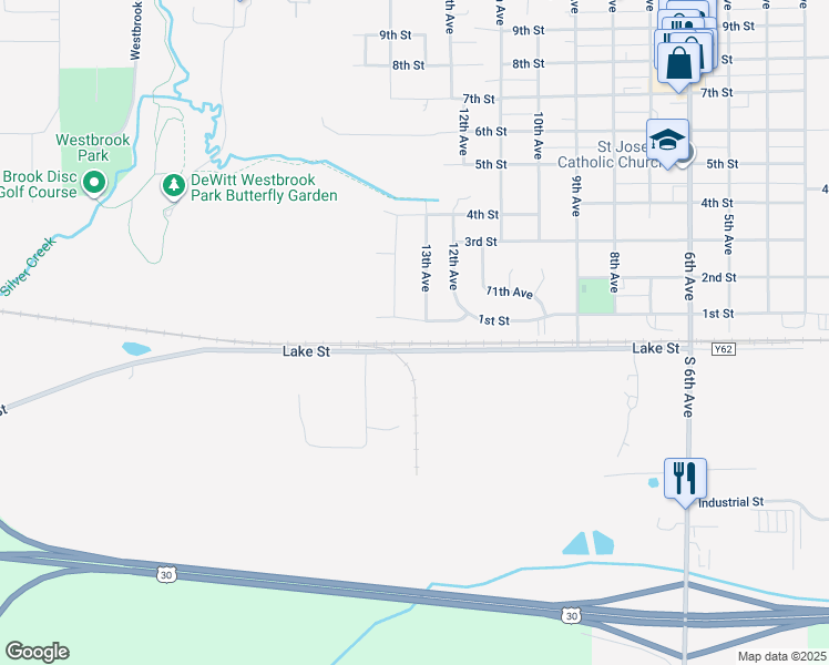 map of restaurants, bars, coffee shops, grocery stores, and more near 1237 1st Street in DeWitt