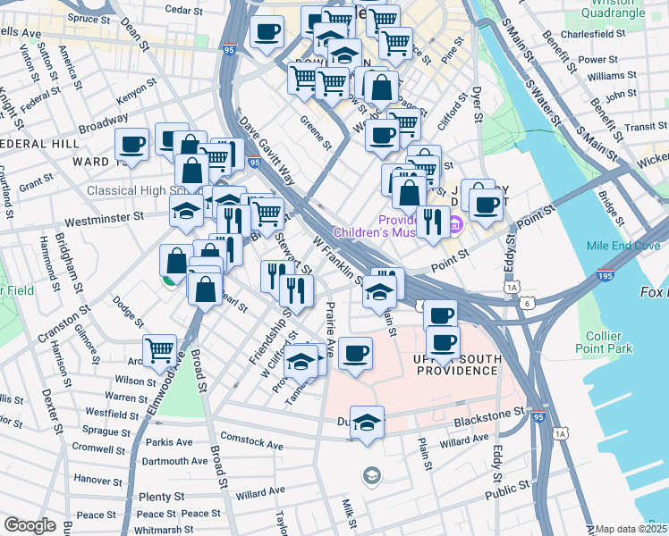 map of restaurants, bars, coffee shops, grocery stores, and more near 43 Maple Street in Providence