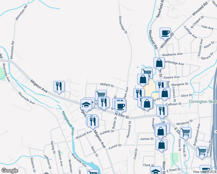 map of restaurants, bars, coffee shops, grocery stores, and more near 126 Mc Guinness Street in Torrington