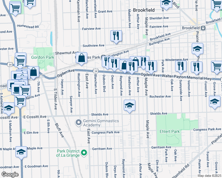map of restaurants, bars, coffee shops, grocery stores, and more near 4150 Deyo Avenue in Brookfield
