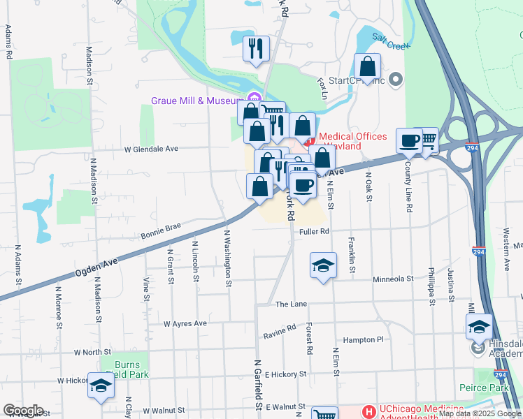 map of restaurants, bars, coffee shops, grocery stores, and more near 110 U.S. 34 in Hinsdale