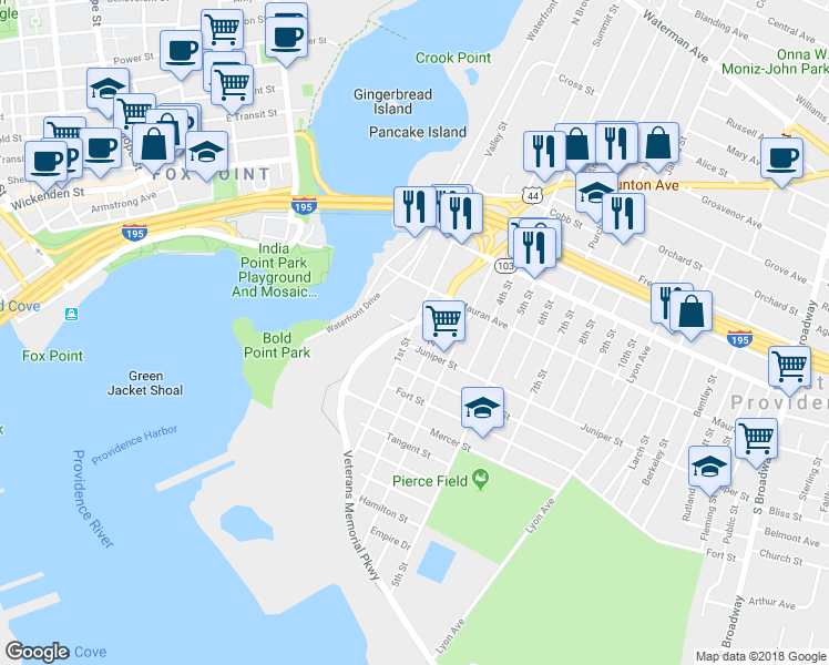 map of restaurants, bars, coffee shops, grocery stores, and more near 80 1st Street in East Providence