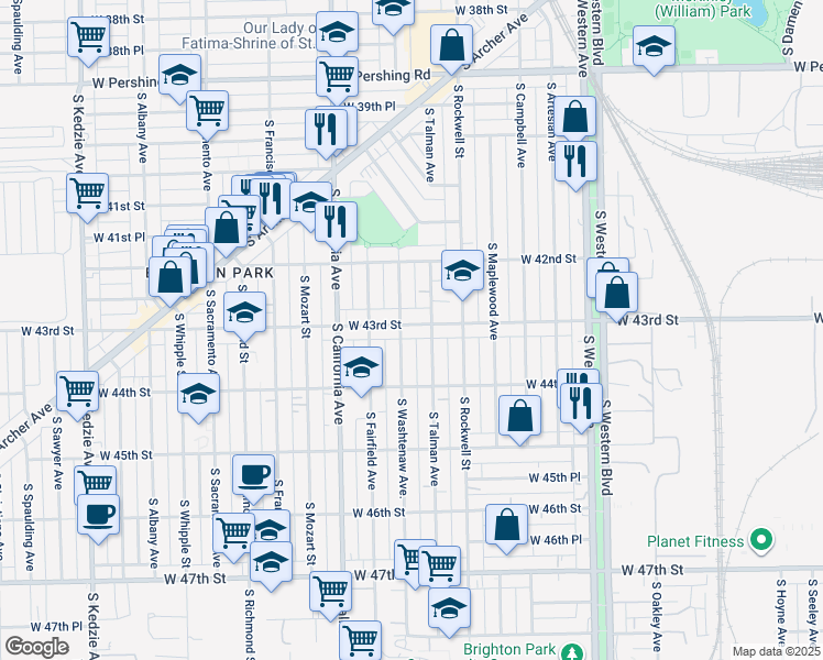 map of restaurants, bars, coffee shops, grocery stores, and more near 2651 West Pope John Paul II Drive in Chicago