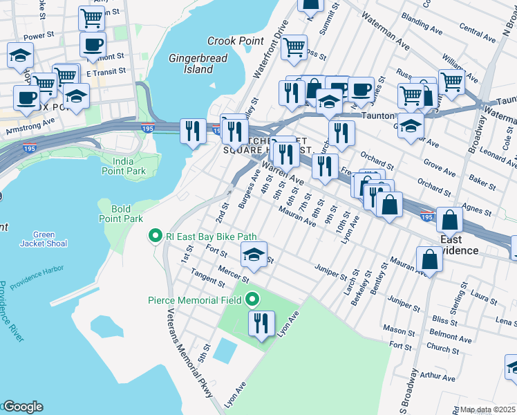 map of restaurants, bars, coffee shops, grocery stores, and more near 54 4th St in East Providence