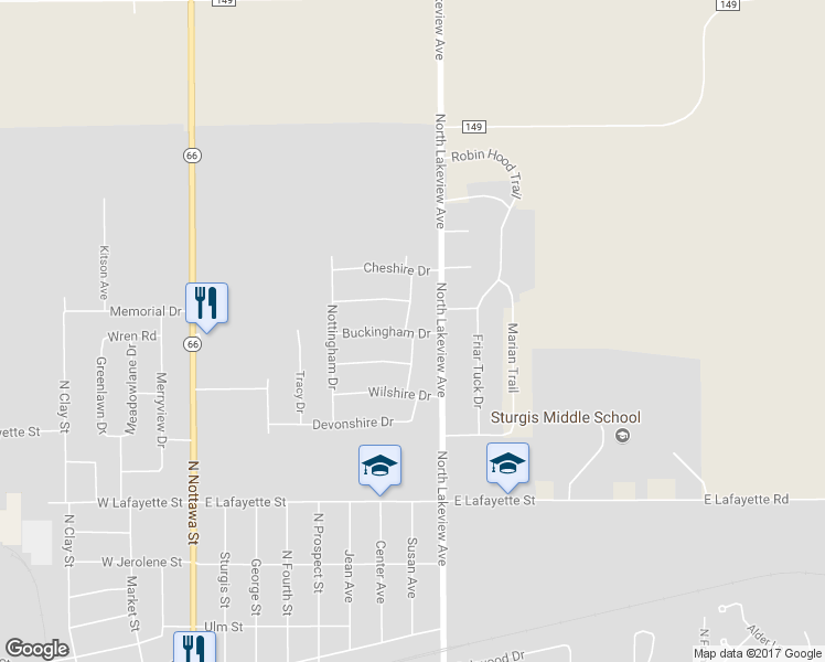 map of restaurants, bars, coffee shops, grocery stores, and more near 800 Buckingham Drive in Sturgis