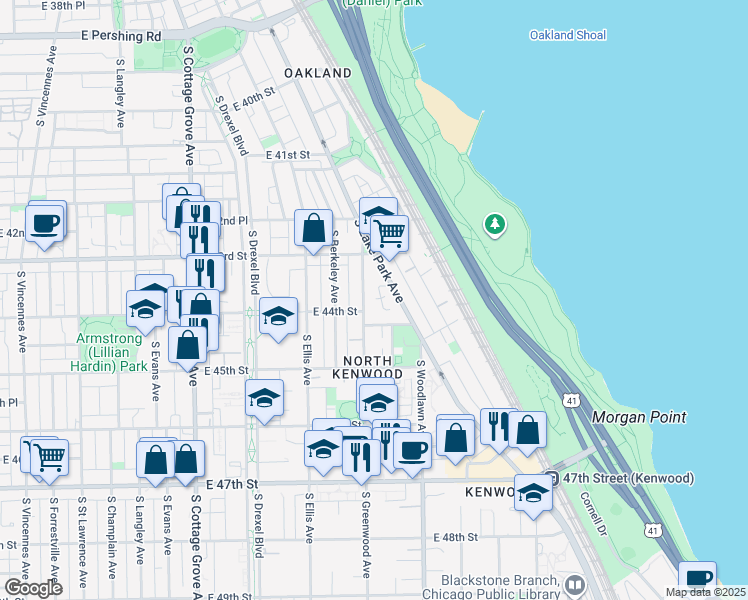 map of restaurants, bars, coffee shops, grocery stores, and more near 4351 South Greenwood Avenue in Chicago