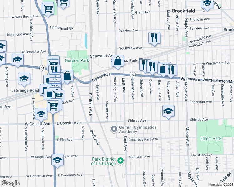 map of restaurants, bars, coffee shops, grocery stores, and more near 121 Washington Avenue in La Grange