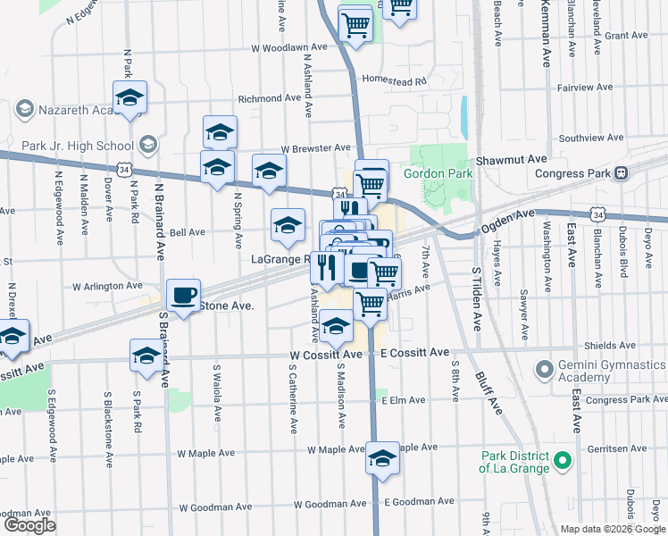 map of restaurants, bars, coffee shops, grocery stores, and more near in La Grange