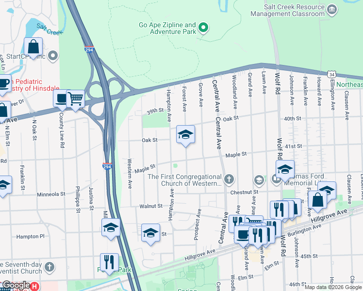 map of restaurants, bars, coffee shops, grocery stores, and more near 4058 Forest Avenue in Western Springs