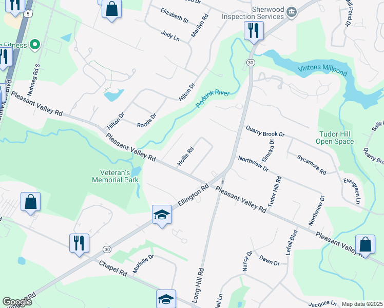 map of restaurants, bars, coffee shops, grocery stores, and more near 40 Hollis Road in South Windsor