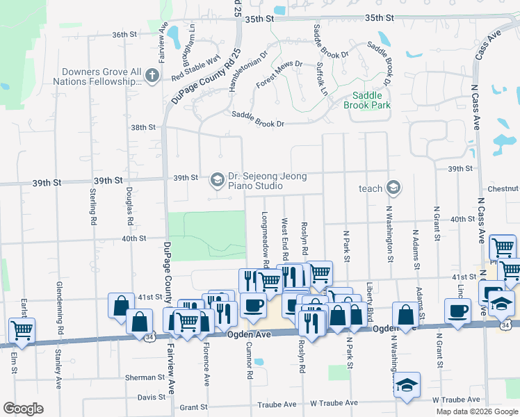 map of restaurants, bars, coffee shops, grocery stores, and more near 3932 Longmeadow Road in Downers Grove