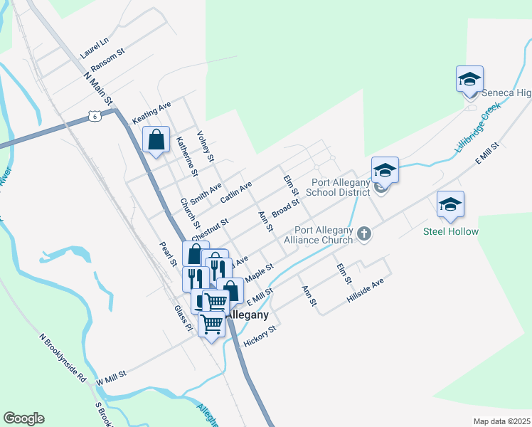 map of restaurants, bars, coffee shops, grocery stores, and more near 301 Broad Street in Port Allegany
