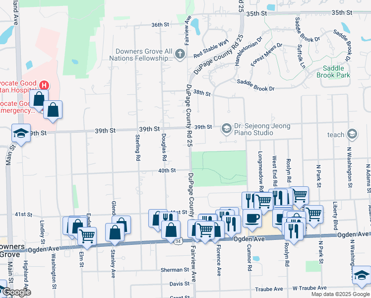 map of restaurants, bars, coffee shops, grocery stores, and more near 3940 Fairview Avenue in Downers Grove