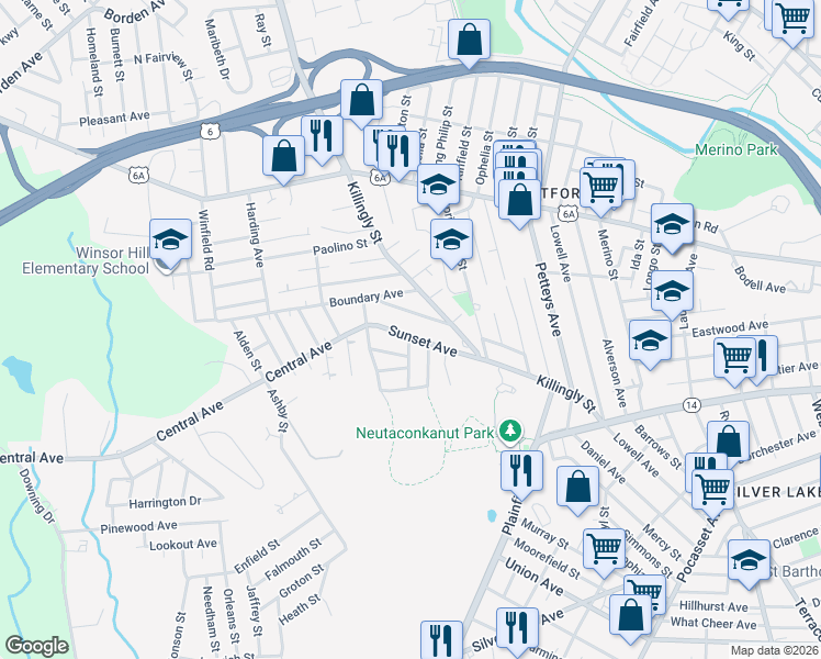 map of restaurants, bars, coffee shops, grocery stores, and more near 22 Myra Street in Providence