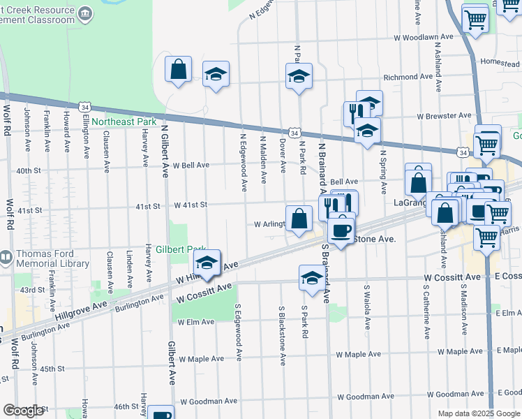 map of restaurants, bars, coffee shops, grocery stores, and more near 1100 41st St in La Grange