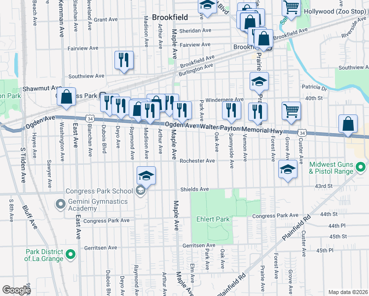 map of restaurants, bars, coffee shops, grocery stores, and more near 4142 Elm Avenue in Brookfield