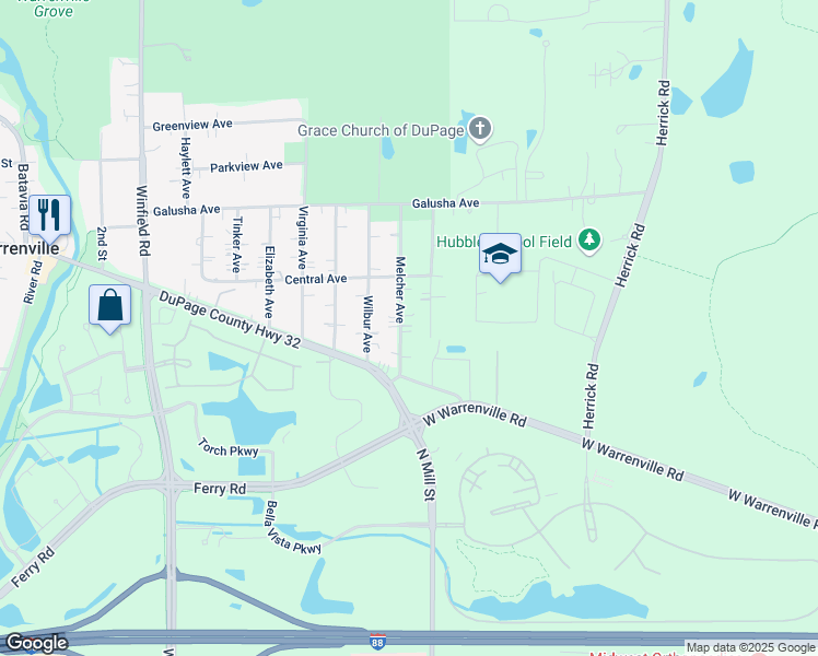 map of restaurants, bars, coffee shops, grocery stores, and more near 3S681 Melcher Avenue in Warrenville