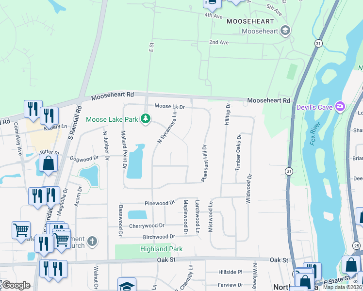 map of restaurants, bars, coffee shops, grocery stores, and more near 487 Mount Court in North Aurora