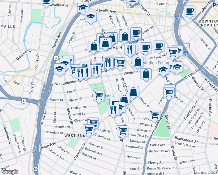 map of restaurants, bars, coffee shops, grocery stores, and more near 41 Harrison Street in Providence