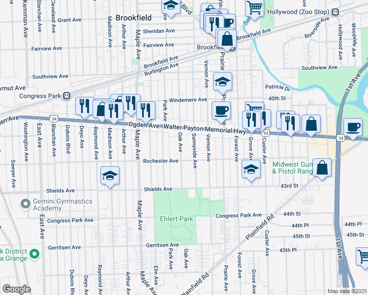 map of restaurants, bars, coffee shops, grocery stores, and more near 4133 Oak Avenue in Brookfield