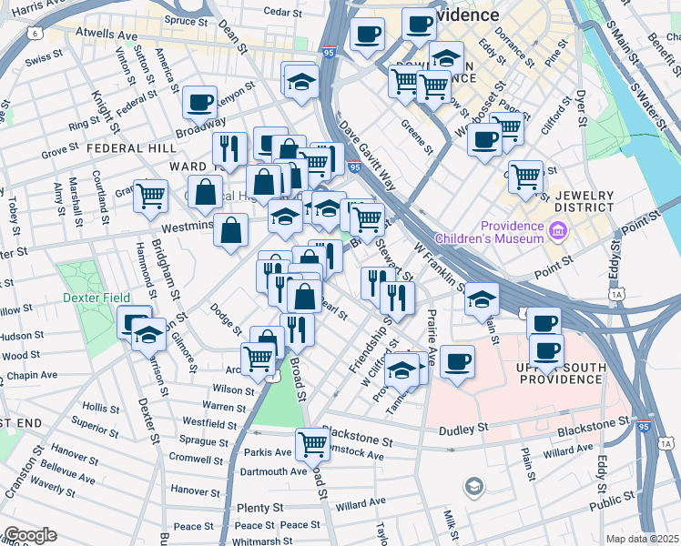 map of restaurants, bars, coffee shops, grocery stores, and more near 40 Haskins Street in Providence