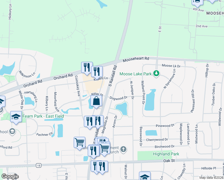 map of restaurants, bars, coffee shops, grocery stores, and more near 506 Magnolia Drive in North Aurora