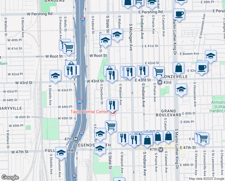 map of restaurants, bars, coffee shops, grocery stores, and more near 4333 South State Street in Chicago
