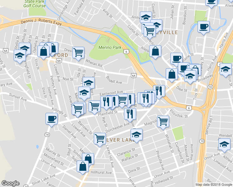 map of restaurants, bars, coffee shops, grocery stores, and more near 59 Dewey Street in Providence