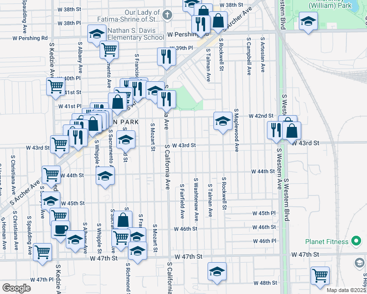 map of restaurants, bars, coffee shops, grocery stores, and more near 2725 West 43rd Street in Chicago