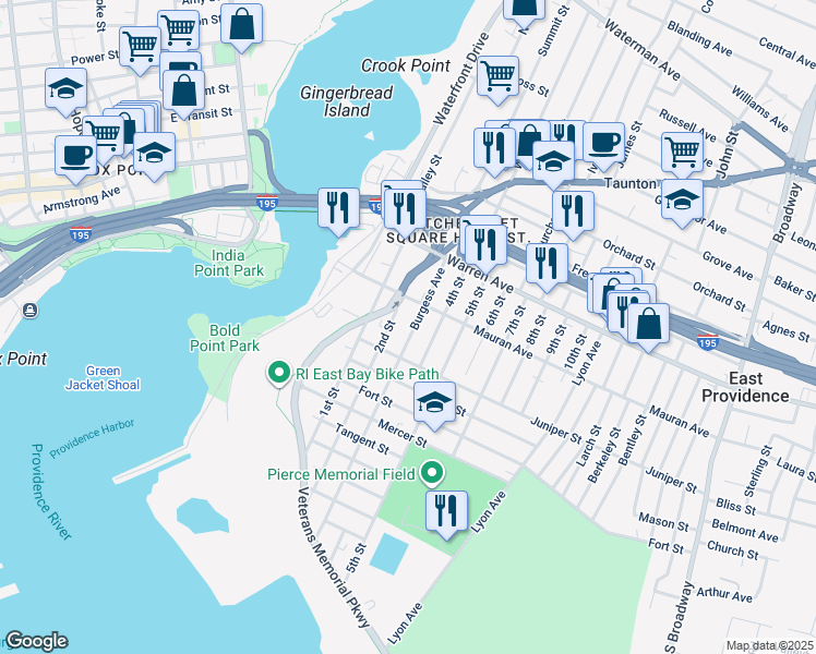 map of restaurants, bars, coffee shops, grocery stores, and more near 61 Burgess Avenue in East Providence