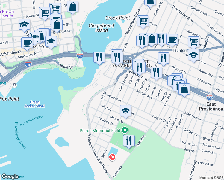 map of restaurants, bars, coffee shops, grocery stores, and more near 69 2nd Street in East Providence
