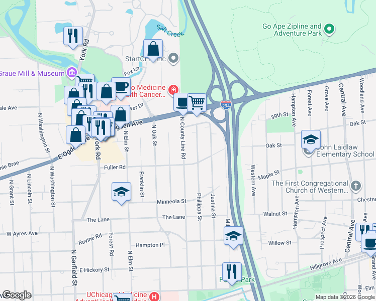 map of restaurants, bars, coffee shops, grocery stores, and more near 725 North County Line Road in Hinsdale
