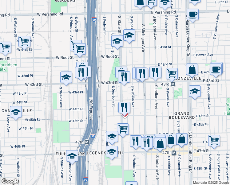 map of restaurants, bars, coffee shops, grocery stores, and more near 4333 South Dearborn Street in Chicago