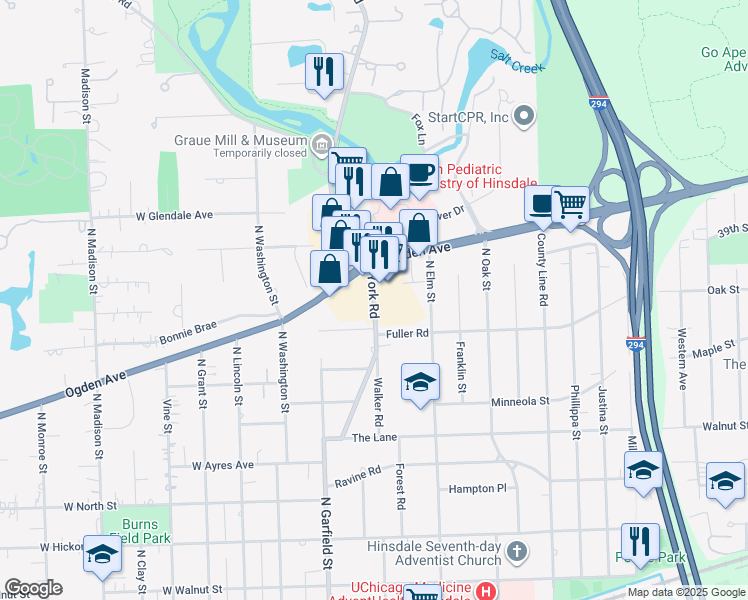 map of restaurants, bars, coffee shops, grocery stores, and more near 728 North York Road in Hinsdale