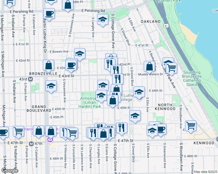 map of restaurants, bars, coffee shops, grocery stores, and more near 4347 S Evans Ave in Chicago
