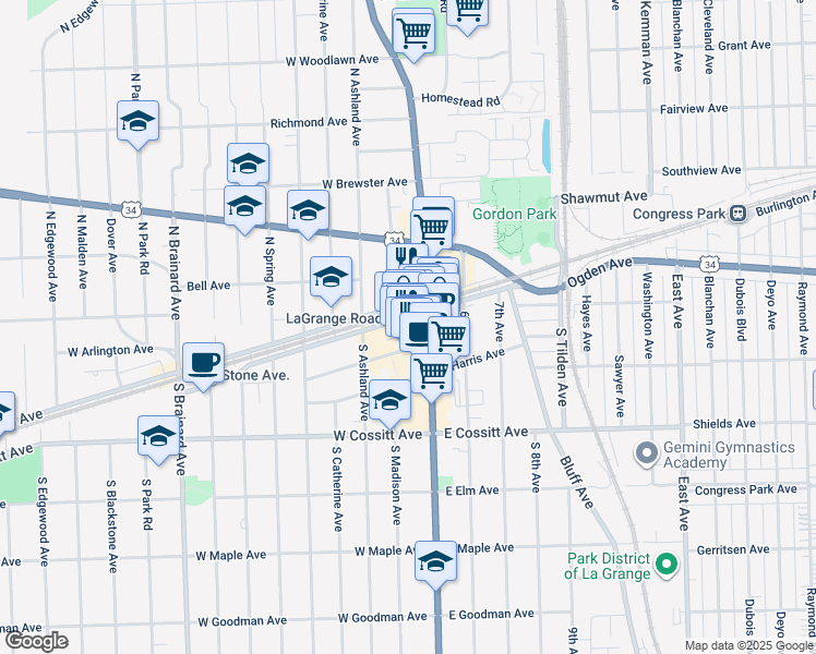 map of restaurants, bars, coffee shops, grocery stores, and more near 8 South La Grange Road in La Grange
