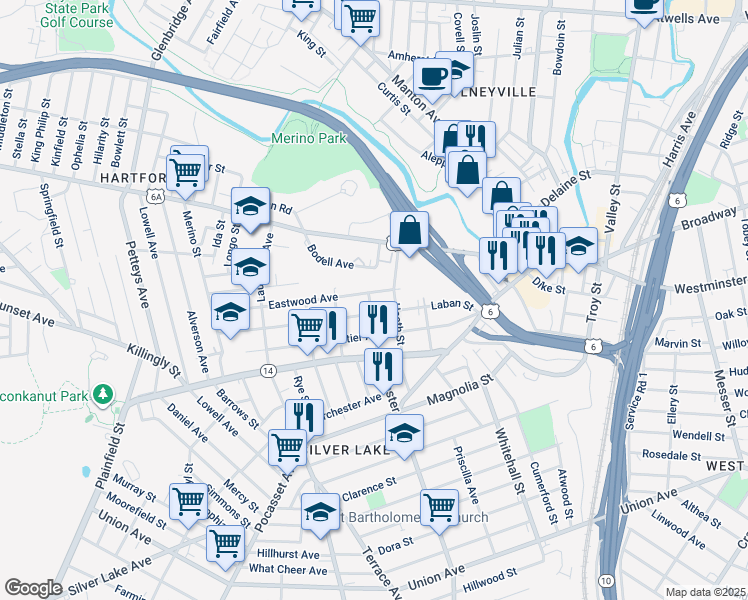 map of restaurants, bars, coffee shops, grocery stores, and more near 56 Webster Avenue in Providence