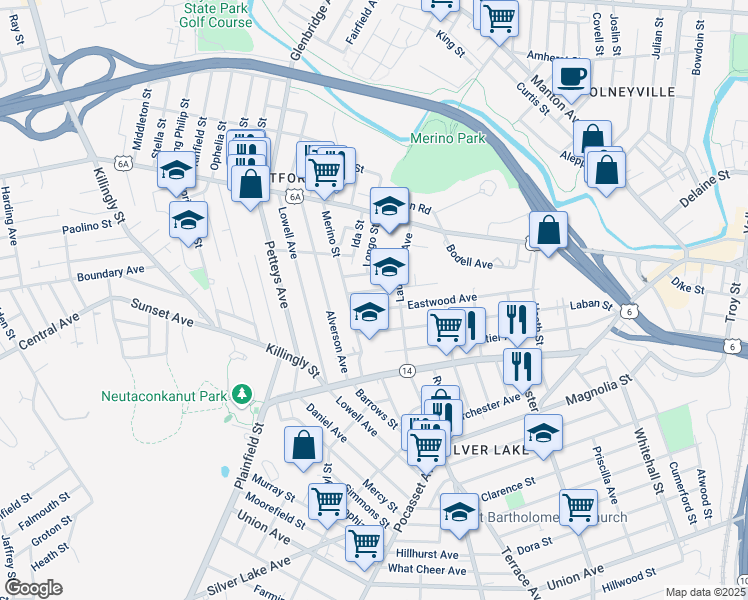 map of restaurants, bars, coffee shops, grocery stores, and more near 225 Eastwood Avenue in Providence