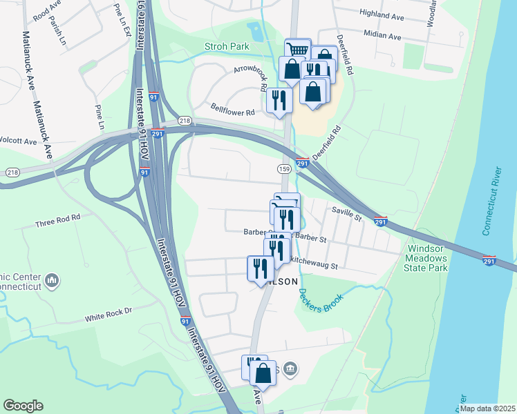 map of restaurants, bars, coffee shops, grocery stores, and more near 32 Allen Street in Windsor